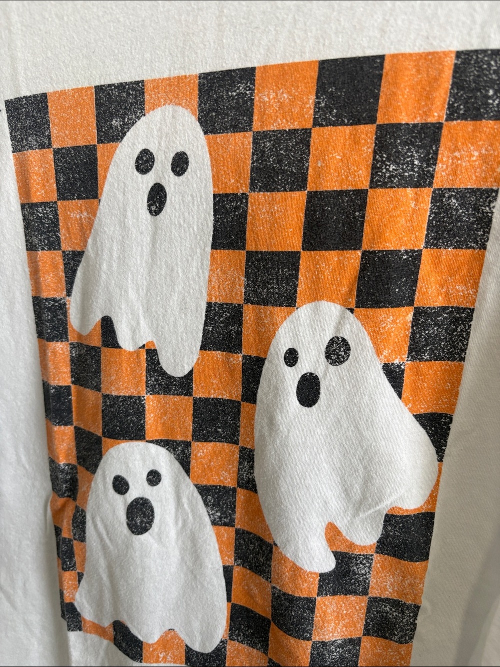 White Graphic Tee with Ghosts and Orange-Black Checker - Picture 2 of 3